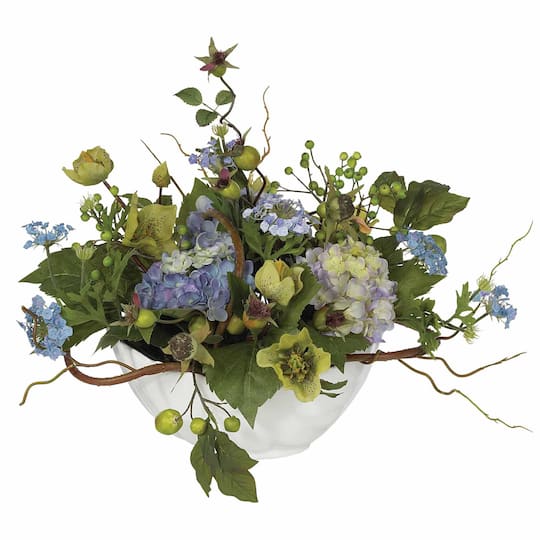 14&#x22; Blue Hydrangea Centerpiece in White Ceramic Bowl